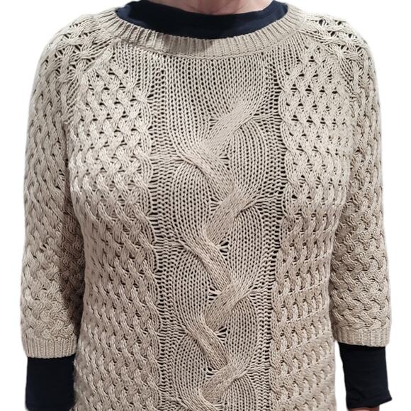 Cyrus Tan Fisherman Cable Knit Sweater Sz M Neutral Cozy Capsule Layering Warm - Picture 8 of 10